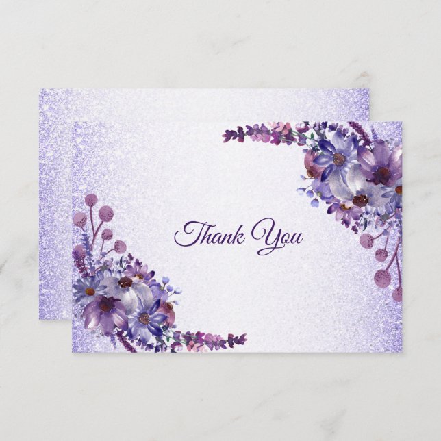 Purple Blue Pink Floral Glitter Elegant Wedding Thank You Card (Front/Back)