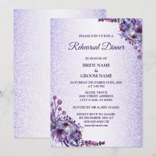 Purple Blue Pink Floral Glitter Rehearsal Dinner Invitation