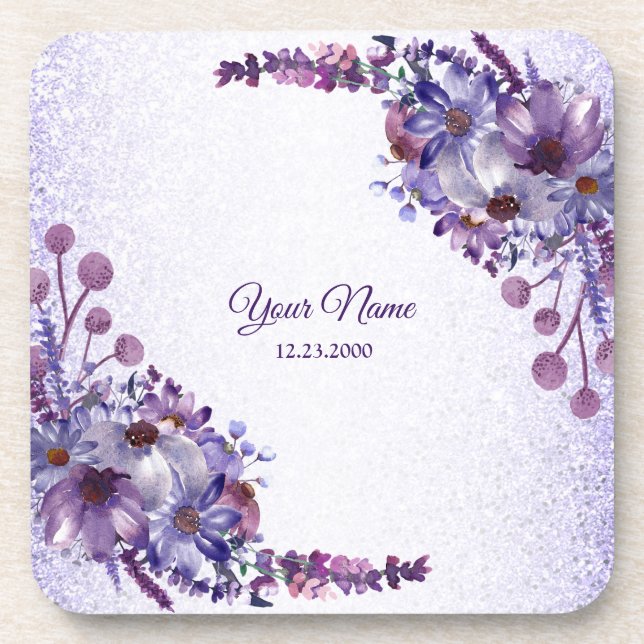 Purple Blue Pink Floral Glitter Wedding Party Coaster (Front)