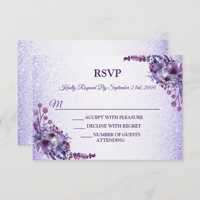 Purple Blue Pink Floral Glitter Wedding Party RSVP Card (Front/Back)