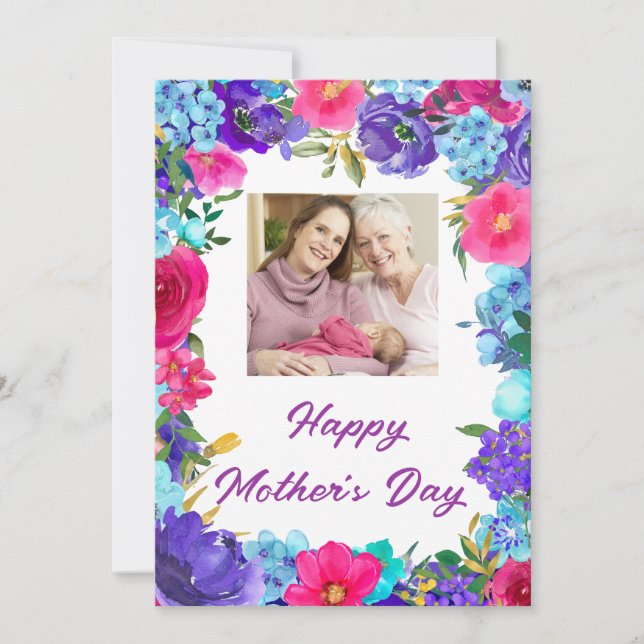 Purple Blue Pink Floral Photo Mother's Day Card (Front)