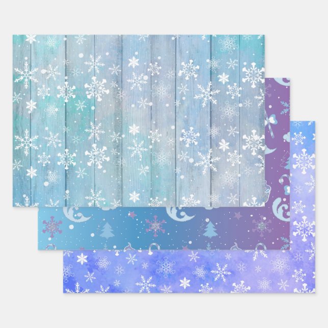 PURPLE BLUE PINK HOLIDAY WINTER ITEMS WRAPPING PAPER SHEET (Set)