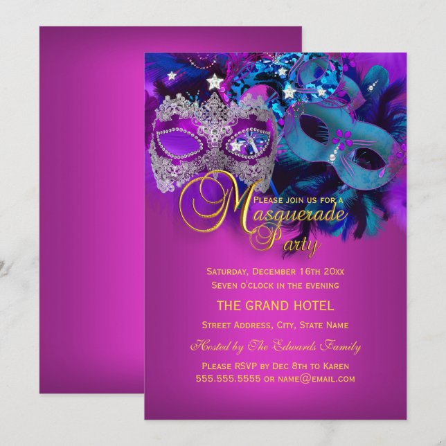 Purple Blue Pink Masks Masquerade Party Invite (Front/Back)