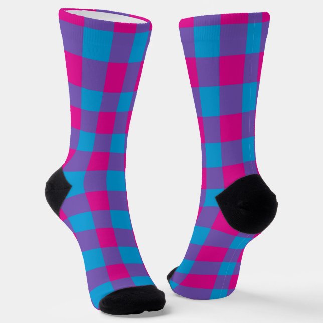Purple Blue Pink Plaid Chequered Pattern Socks (Angled)