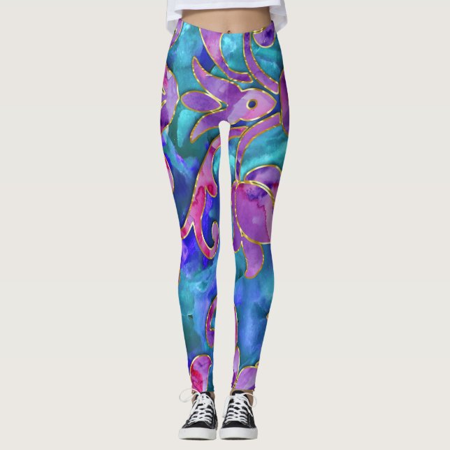 Purple Blue Pink Watercolor Damask Design Leggings (Front)