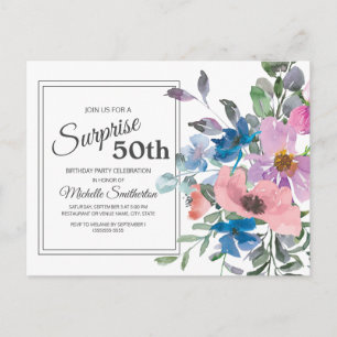 Purple Blue Pink Watercolor Floral 50th Birthday Postcard