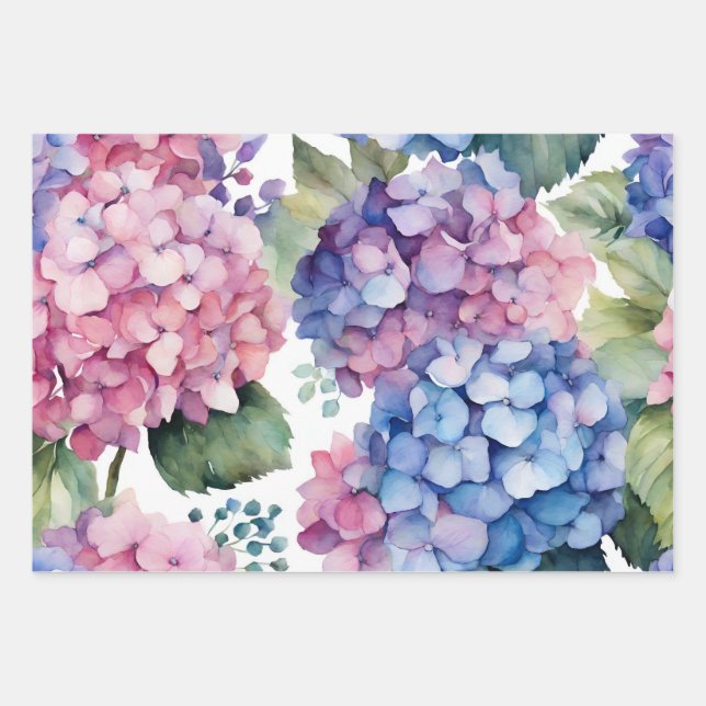 Purple, Blue, Pink Watercolor Hydrangea Flowers  Wrapping Paper Sheet (Front)