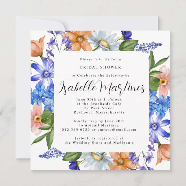 Purple Blue Pink Wildflower Floral Bridal Shower Invitation (Front)