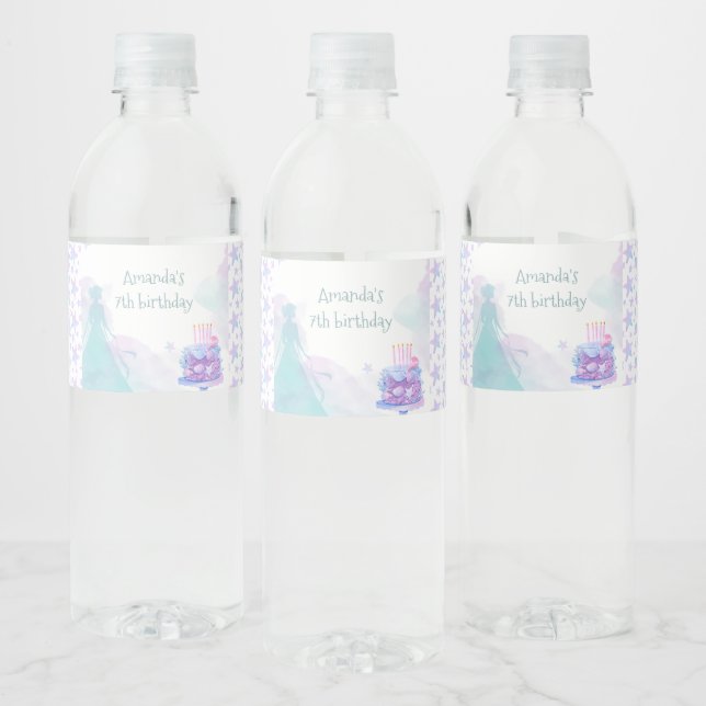 Purple Blue Princess Girl Birthday Party  Water Bottle Label (Bottles)