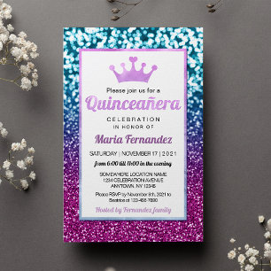 Purple Blue Princess Quinceañera Bokeh Invitation