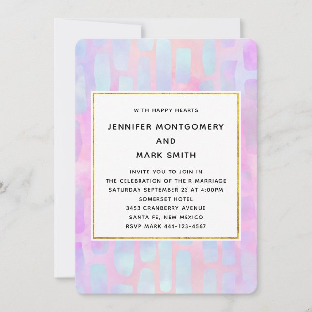 Purple & Blue Rectangle Shapes on Pink Wedding Invitation (Front)