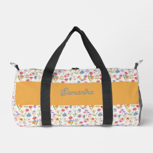 Purple Blue Red Watercolor Wildflower Monogram Duffle Bag