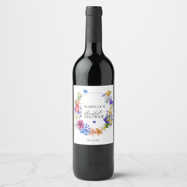 Purple Blue Red Wildflower Bridal Shower Wine Label (Front)