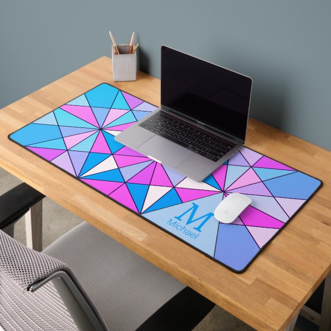 Purple blue retro Mosaic Triangle Pattern Monogram Desk Mat (Office 2)