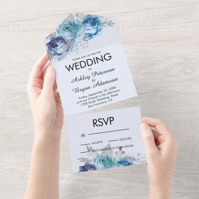 Purple & Blue Roses  All In One Wedding Invitation (Tearaway)
