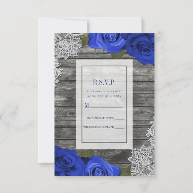 Purple Blue Roses Rustic Wood White Lace RSVP Invitation (Front)