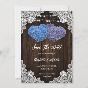 Purple Blue Rustic Wood Burlap Lace Floral Wedding Save The Date