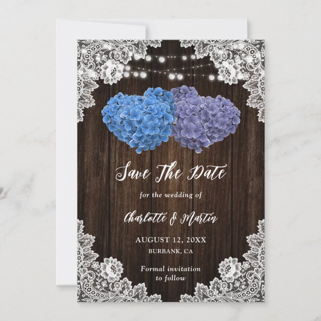 Purple Blue Rustic Wood Burlap Lace Floral Wedding Save The Date (Front)