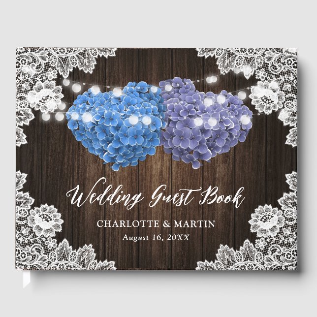 Purple Blue Rustic Wood Floral Lace Burlap Wedding Guest Book (Front)