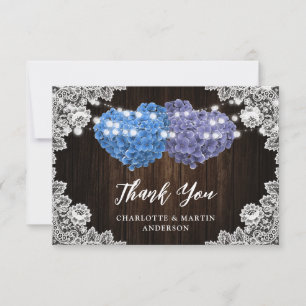 Purple Blue Rustic Wood Lace Floral Wedding Thank You Card