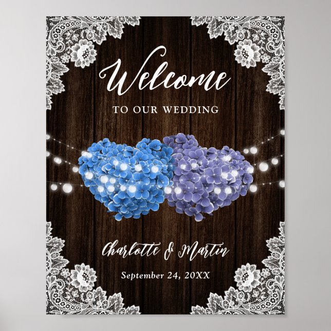 Purple Blue Rustic Wood Lace Wedding Welcome Sign (Front)