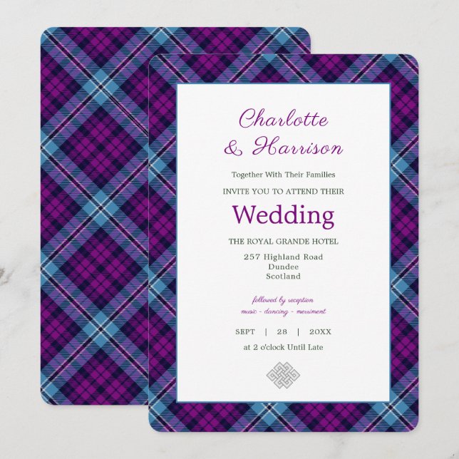 Purple Blue Scottish Tartan Plaid Wedding Invitation (Front/Back)