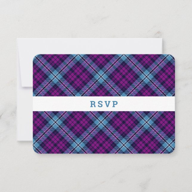 Purple Blue Scottish Tartan Plaid Wedding RSVP Card (Front)