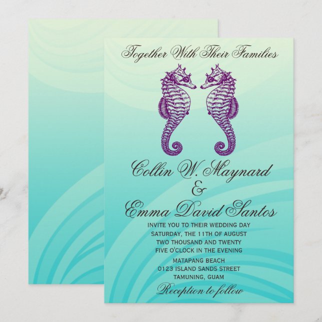 Purple & Blue Seahorse Wedding Invites (Front/Back)