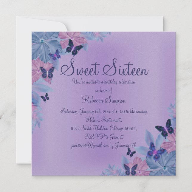 Purple & Blue Shimmer Butterfly Sweet 16 Invite (Front)