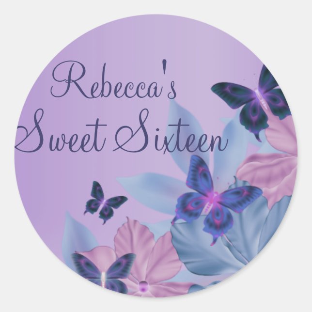 Purple & Blue Shimmer Butterfly Sweet 16 Sticker (Front)
