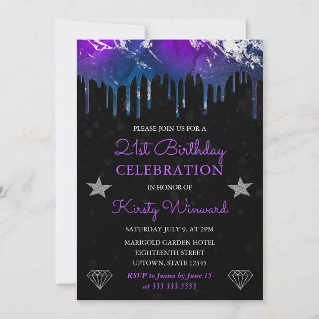 Purple, Blue & Silver Galaxy Marble 21st Birthday Invitation (Front)