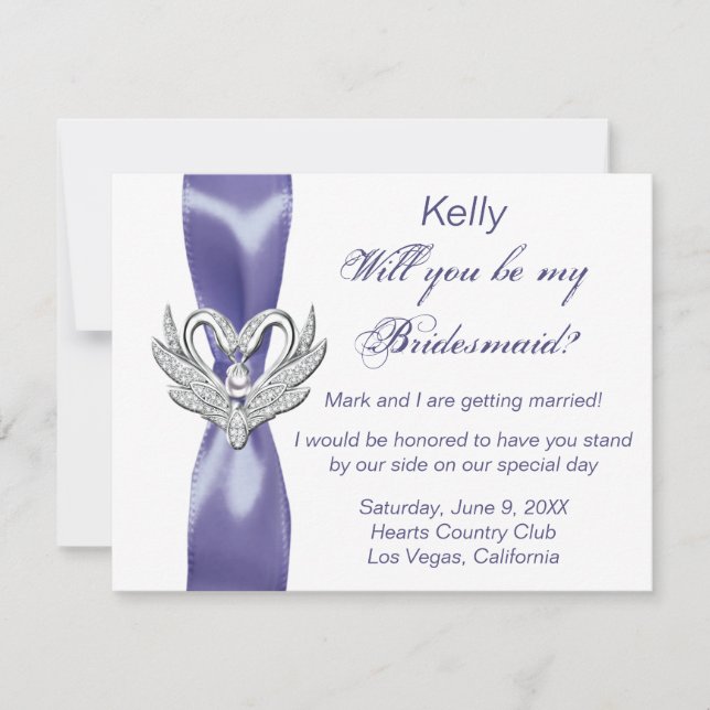 Purple Blue Silver Swans Bridesmaid Card (Front)