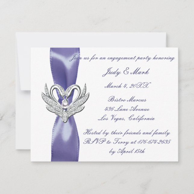 Purple Blue Silver Swans Engagement Party  Announcement (Front)