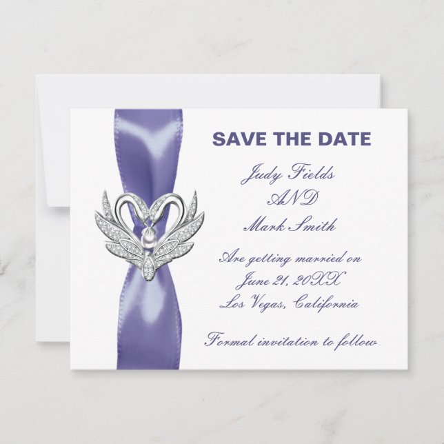 Purple Blue Silver Swans Save The Date Card (Front)