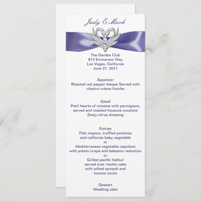 Purple Blue Silver Swans Wedding Menu Card (Front/Back)