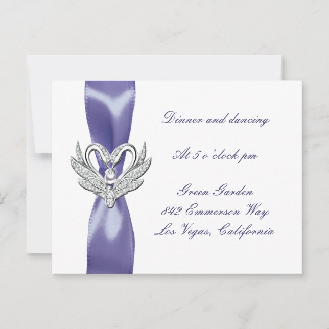 Purple Blue Silver Swans Wedding Reception Card (Front)