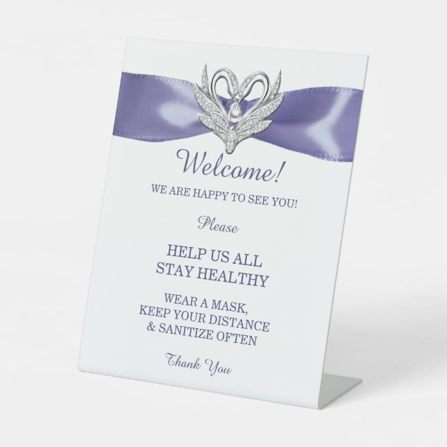 Purple Blue Silver Swans Wedding Safety Pedestal Sign (Front)