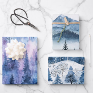 Purple Blue Snow Winter Trees Wrapping Paper Sheet