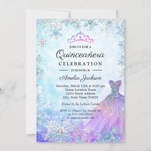Purple Blue Sparkle Snowflakes Winter Quinceanera Invitation (Front)