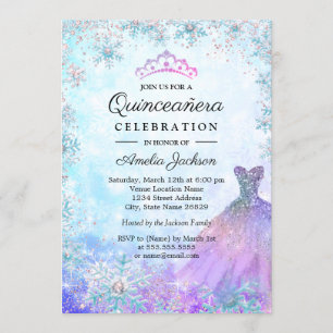 Purple Blue Sparkle Snowflakes Winter Quinceanera Invitation