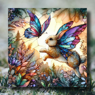 Purple Blue Stained Glass Butterfly Bunny Easter  Holiday Card