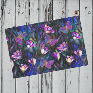 Purple Blue Stained Glass Look Tulips Butterflies Tissue Paper