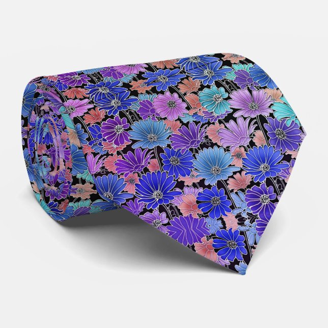 Purple Blue Tan Foral Pattern Tie (Rolled)