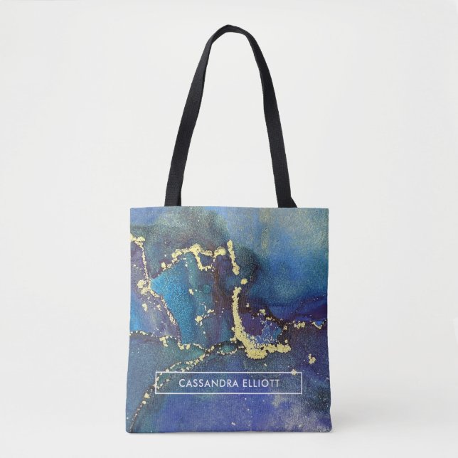 Purple Blue Teal and Gold Abstract Liquid Art Tote Bag (Front)