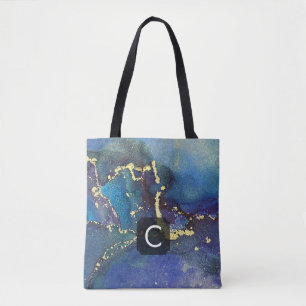 Purple Blue Teal and Gold Liquid Art Monogram Tote Bag