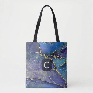 Purple Blue Teal and Gold Liquid Art Monogram Tote Bag