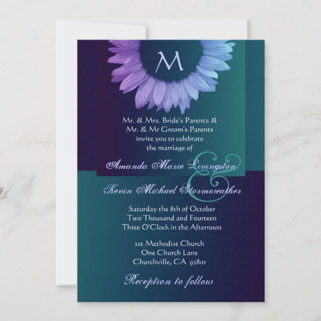 Purple Blue Teal Coloured Sunflower Wedding Invitation (Front)