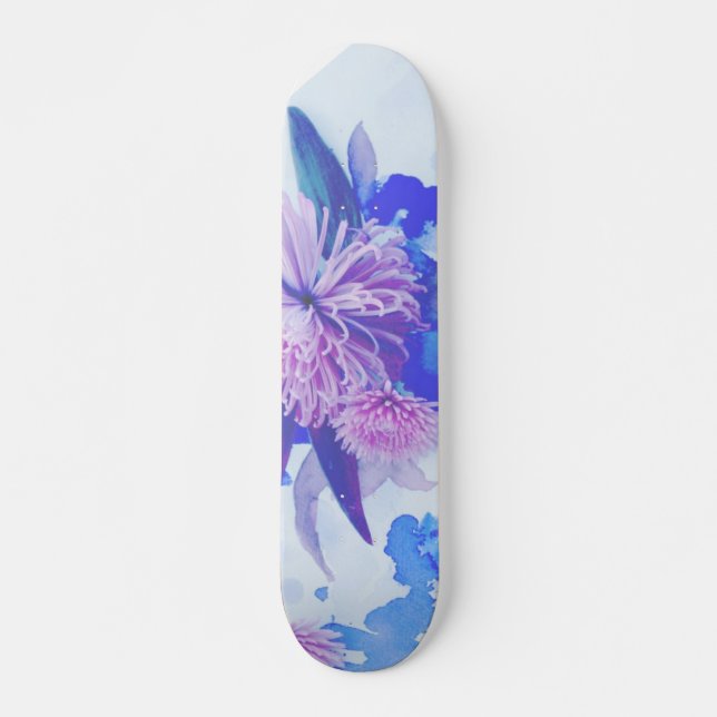 Purple, Blue & Teal Floral Printed Longboard Skateboard (Front)