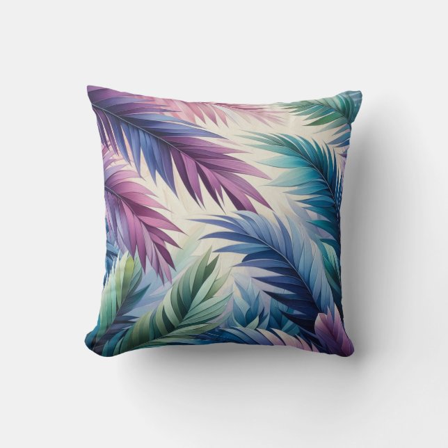 Purple Blue Teal Tropical Palm Leaves Cushion (Front)
