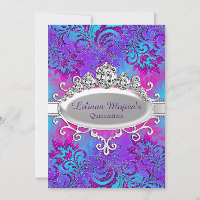 Purple Blue Tiara & Glitter Floral Quinceanera Invitation (Front)